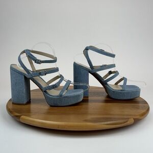 Womens BP Blue Denim Strappy Open Toe Platform‎ Sandals Block Heels Size 8 M EUC
